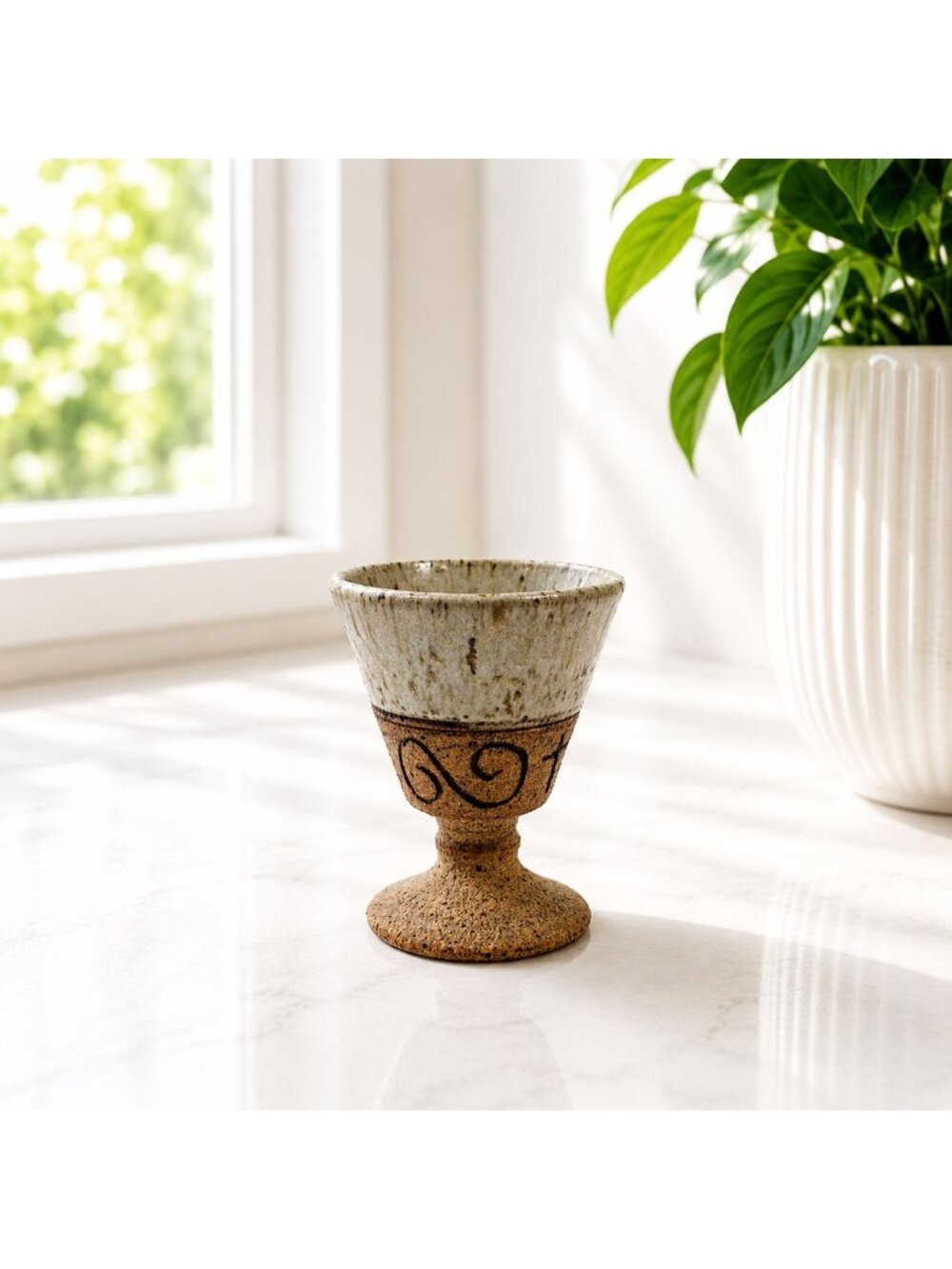 Vintage Ceramic Chalice With Rustic Textured Base & Hand-Painted Scrollwork Desi